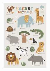 Naklejka premium Cute educational vector poster featuring a selection of adorable savanna and jungle animals.