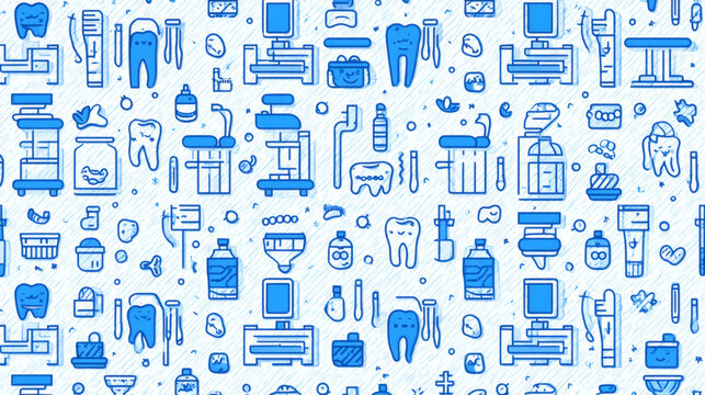 dental and orthodontics pattern with line icons, bright blue outlines on solid white background, icons include dental chair, braces, implants, toothbrush with toothpaste, floss, mouth mirror, 