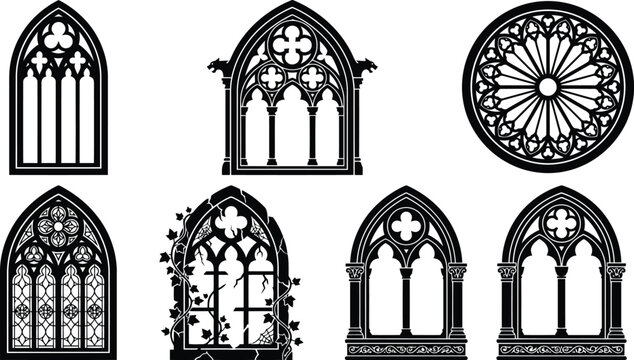 Gothic architectural window silhouettes with ornate tracery and gargoyles in a dark historical style