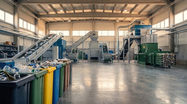 Modern indoor industrial recycling plant facility featuring colorful sorted waste bins in the foreground, conveyor belts, and heavy machinery for waste management concept.