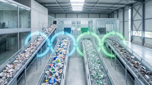 Modern industrial recycling plant facility with multiple conveyor belts sorting paper, plastic, glass, and metal waste with glowing recycling loop symbols.