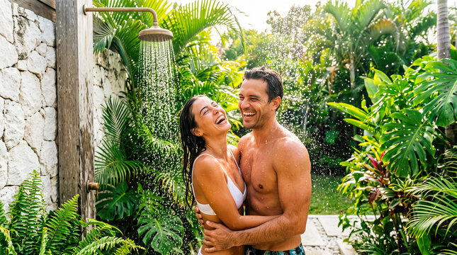 Happy young athletic couple wearing swimwear hugging tight washing under outdoor shower surrounded by lush green tropical jungle plants during summer vacation