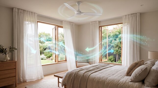 Modern white ceiling fan rotating in a cozy bedroom with open windows and flowing fresh air breeze waves for ventilation and comfort.