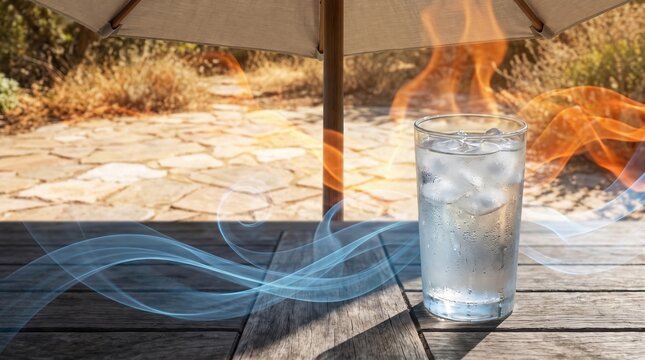 Refreshing glass of cold water with ice cubes on a wooden table outdoors with blue cool mist and orange heat wave effects for summer concept.