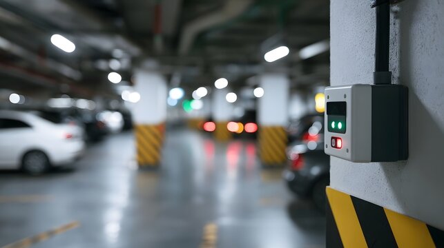 A digital parking guidance system mounted on a concrete pillar in a well lit underground parking garage with blurred cars in the background