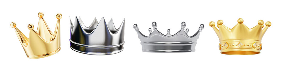Collection of regal 3D rendered crowns in gleaming gold and polished silver, isolated on a transparent background. © Dang