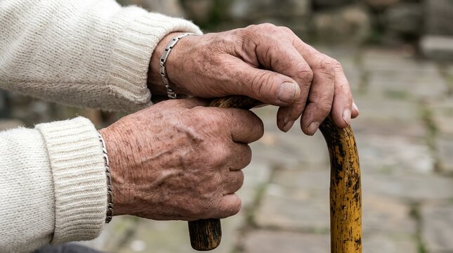 Wrinkled Hands Of Senior Man Holding Wooden Walking Stick Close Up Elderly Care And Support Concept