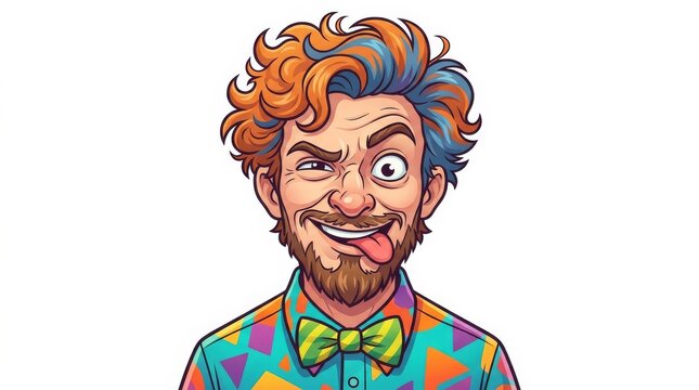 Colorful cartoon man with wild hair and bow tie.