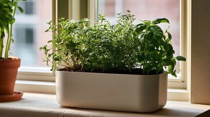 Fototapeta premium A rectangular planter box filled with lush green herbs sits on a ill bathed in natural light