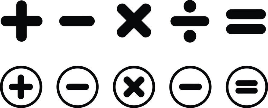 Math symbol icons, plus minus multiply divide equal signs for arithmetic calculations, education, calculators, school exercises, digital interfaces, and learning tools.