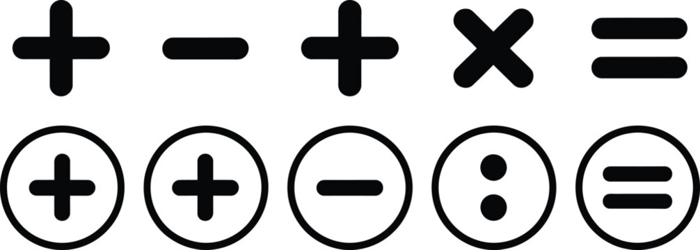 Math symbol icons, plus minus multiply divide and equal signs for arithmetic education calculators, school worksheets, digital interfaces, and learning activities.