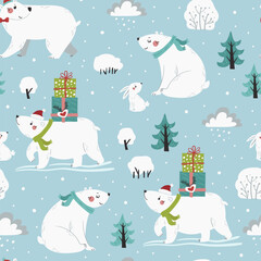 Naklejka premium Christmas seamless pattern with cute polar bears and Christmas gifts on light blue background
