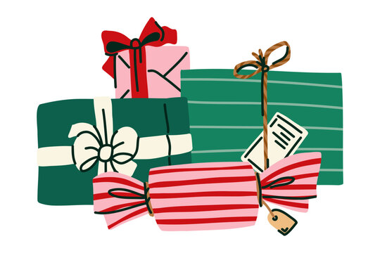 Wrapped Christmas Presents Stack with Festive Gift Boxes, Colorful Ribbon Bows and Holiday Packaging Illustration