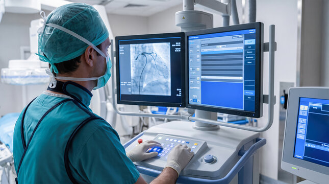 Male surgeon wearing green scrubs operates electronic medical console keyboard viewing dual monitors displaying coronary angiogram xrays inside modern hospital operating room