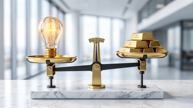 Glowing glass lightbulb balances perfectly against heavy gold bullion bars atop brass metal scale sitting upon marble table inside bright empty corporate boardroom