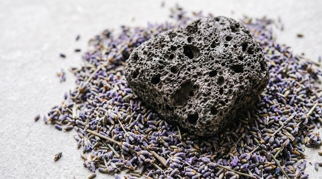 Natural pumice stone for foot care surrounded by dried lavender flowers on a light background.