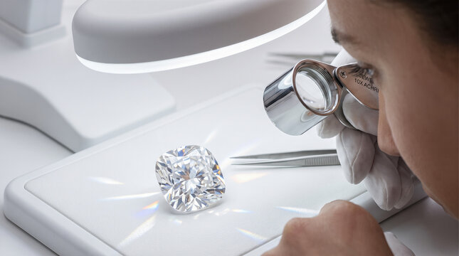 professional jeweler examining large sparkling cushion cut diamond using magnifying loupe tool over white leather workbench surface assessing precious gemstone clarity