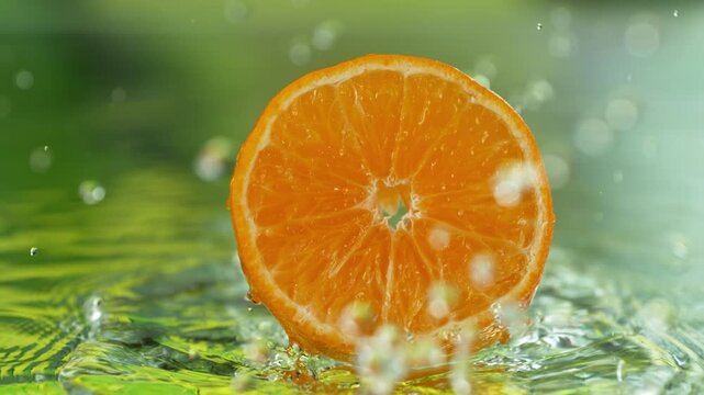 Super Slow Motion Shot of Fresh Tangerine Falling into Water and Making Splash at 1000fps.