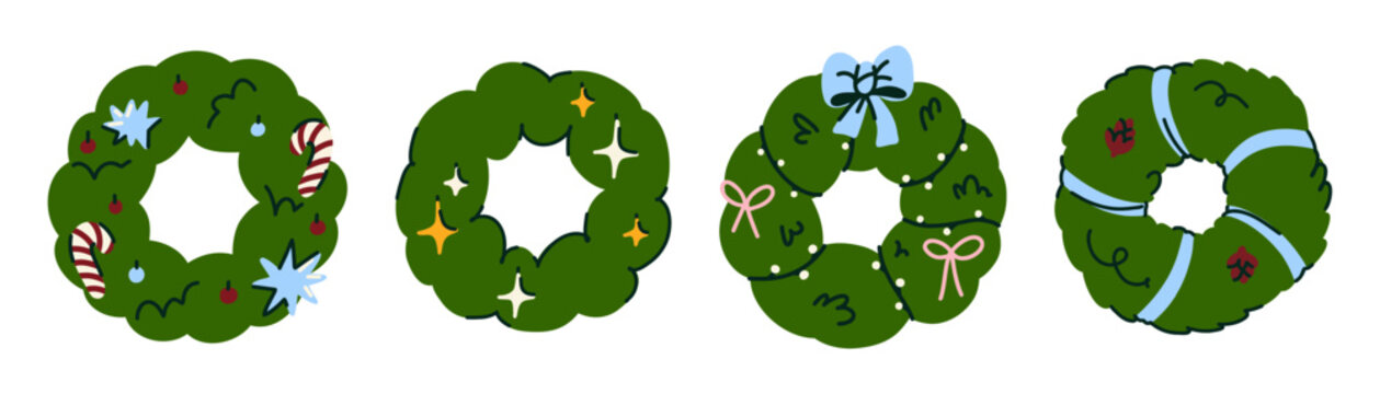 Christmas Wreath Collection with Festive Decorations, Hand Drawn Holiday Evergreen Frames Featuring Bows, Candy Canes, Bells and Winter Ornaments for Seasonal Design