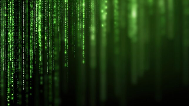 Green digital rain of binary code and alphanumeric characters cascading down a dark abstract background