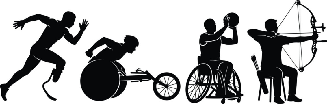 Black silhouette set of adaptive sports athletes featuring running with prosthesis, wheelchair racing, basketball, and archery