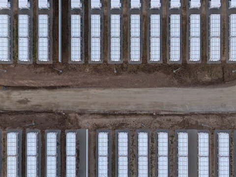 Aerial view of a large battery energy storage system with rows of white container units separated by a dirt road in Poland.