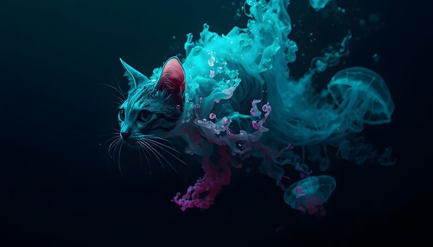 surreal aquatic creature combining cat head with translucent glowing jellyfish tentacles swimming underwater