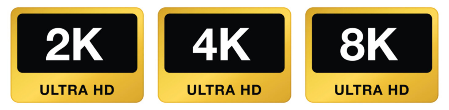 Ultra HD Resolution Badges Collection. Black and Gold 2K 4K and 8K Video Quality Labels. Premium Display Resolution Vector Design
