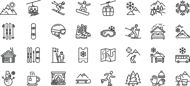 Ski resort winter sports mountain snowboarding ski lift cabin fireplace equipment vector icon set black line art collection.