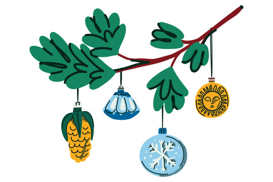 Hand Drawn Evergreen Branch with Colorful Christmas Ornaments, Pine Foliage Decorated with Bells, Baubles and Festive Winter Charms