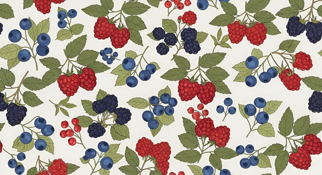 Seamless vector pattern with hand-drawn forest berries like raspberries, blueberries and blackberries