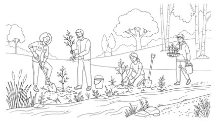 Fototapeta premium Community volunteers planting young trees near river bank scene.