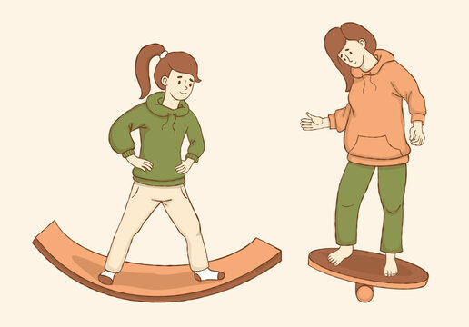 Teenage Girls Balancing on Wooden Coast Roller Board. Autism Adaptive Physical Education. ASD Special Therapy Sport, Teen Gymnastics Vector Set. Sensory Integration Adolescent. Isolated Hand Drawn.