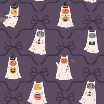 Cute Halloween pattern with ghost cats, witch hats, pumpkins, candles, broom, scythe and dark bows on a purple background. Hand drawn spooky design for seasonal decorations