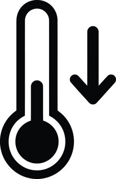 Thermometer with downward arrow indicating temperature decrease against white background
