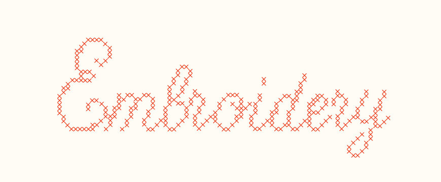 Red cross stitch word Embroidery script typography isolated on white background. A textured cursive embroidery needlework sign for craft room decor, sewing shops, and handmade textile branding. Vector