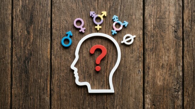 Gender identity concept with question mark in human head silhouette on wood background