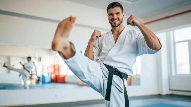 Young male karate practitioner in a white gi and black belt smiling while executing a high kick during his training session