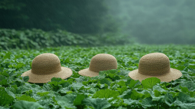 Three textured straw hats emerging from lush green foliage in a misty, overcast landscape, evoking a sense of mystery and nature.