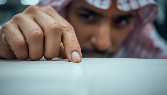Middle Eastern man pointing at white surface with focus and traditional attire