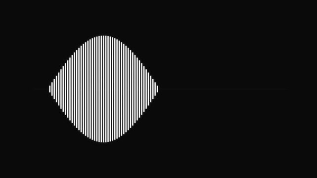 Geometric diamond shape filled with vertical lines appears on a solid black background.