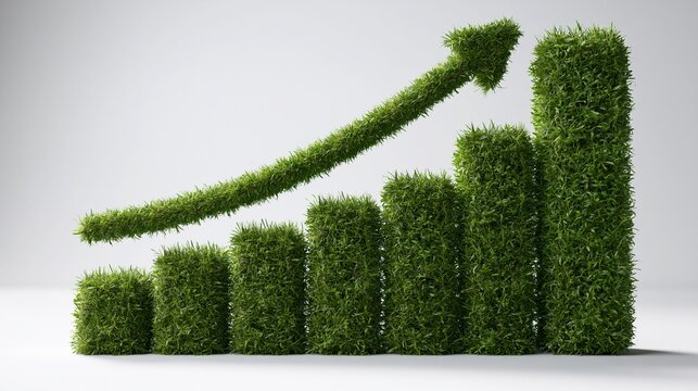 Green grass bar chart with upward arrow symbolizing economic growth and environmental sustainability on white background