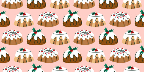Obraz premium Seamless Christmas Pudding Pattern with Traditional Holiday Cakes Hand Drawn Festive Dessert Print for Wrapping Paper, Textile, Fabric, Packaging and Seasonal Decor