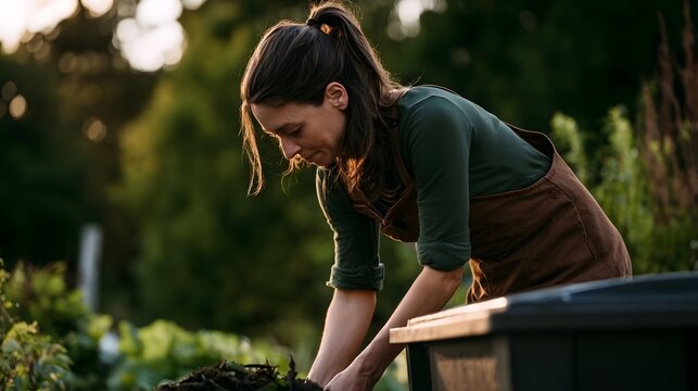 A person in brown overalls leans over a compost bin  tending to soil and organic matter in a lush garden under warm sunlight