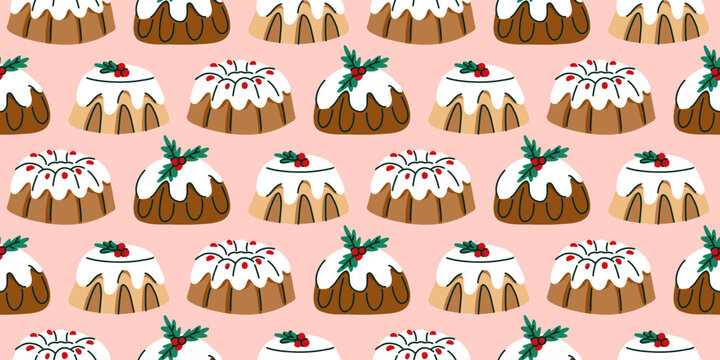 Seamless Christmas Pudding Pattern with Traditional Holiday Cakes Hand Drawn Festive Dessert Print for Wrapping Paper, Textile, Fabric, Packaging and Seasonal Decor