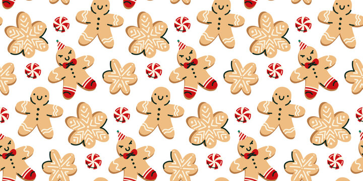 Seamless Gingerbread Cookie Pattern Hand Drawn Christmas Biscuit Background with Holiday Treats for Textile, Wrapping Paper, Fabric, Seasonal Packaging and Festive Decor