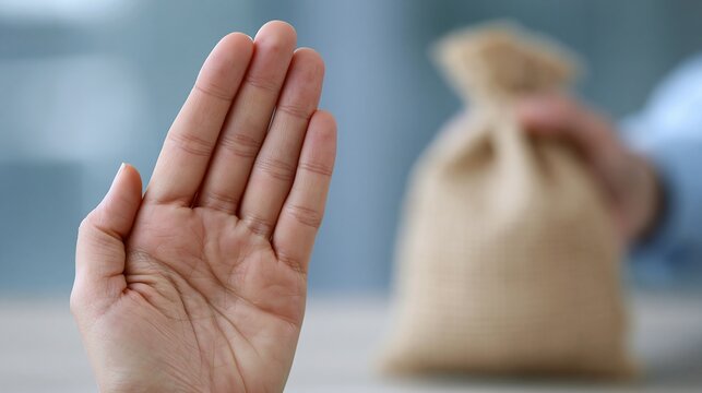 A human hand rejects a bag of money held by another person in an office setting