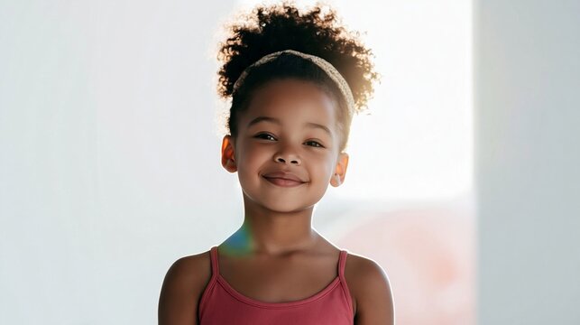 Young Black girl with curly hair smiling directly at the viewer, standing indoors against a bright window