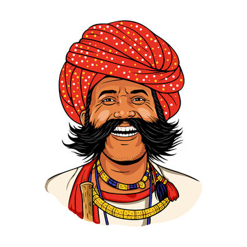 Traditional Indian Man Wearing Red Turban and Mustache, Cartoon Vector Illustration...