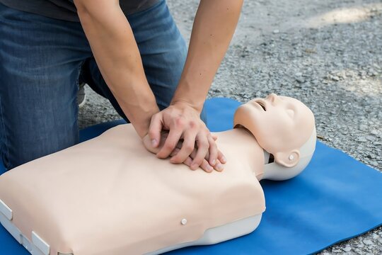 Person performing cpr chest compressions on a medical training mannequin